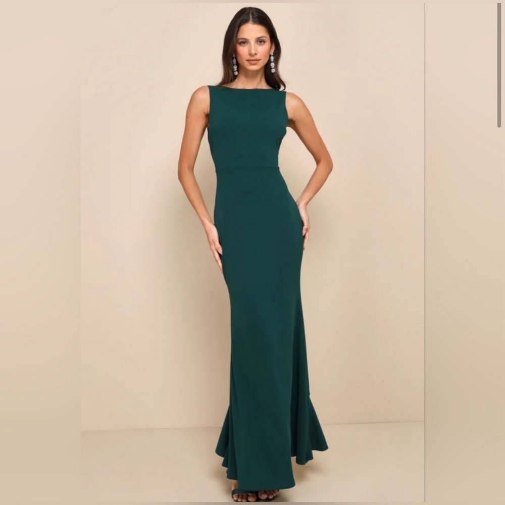 Lulus Current Exquisite Refinement Emerald Backless Bow Ruffled Maxi Dress - Picture 4 of 16